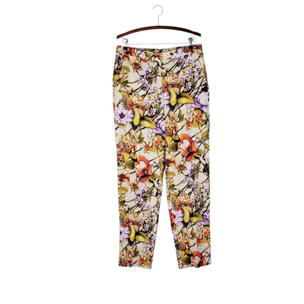 Chicos Linen Floral Print Straight Leg Pants Pull On Size 1.5T Size 10 Tall